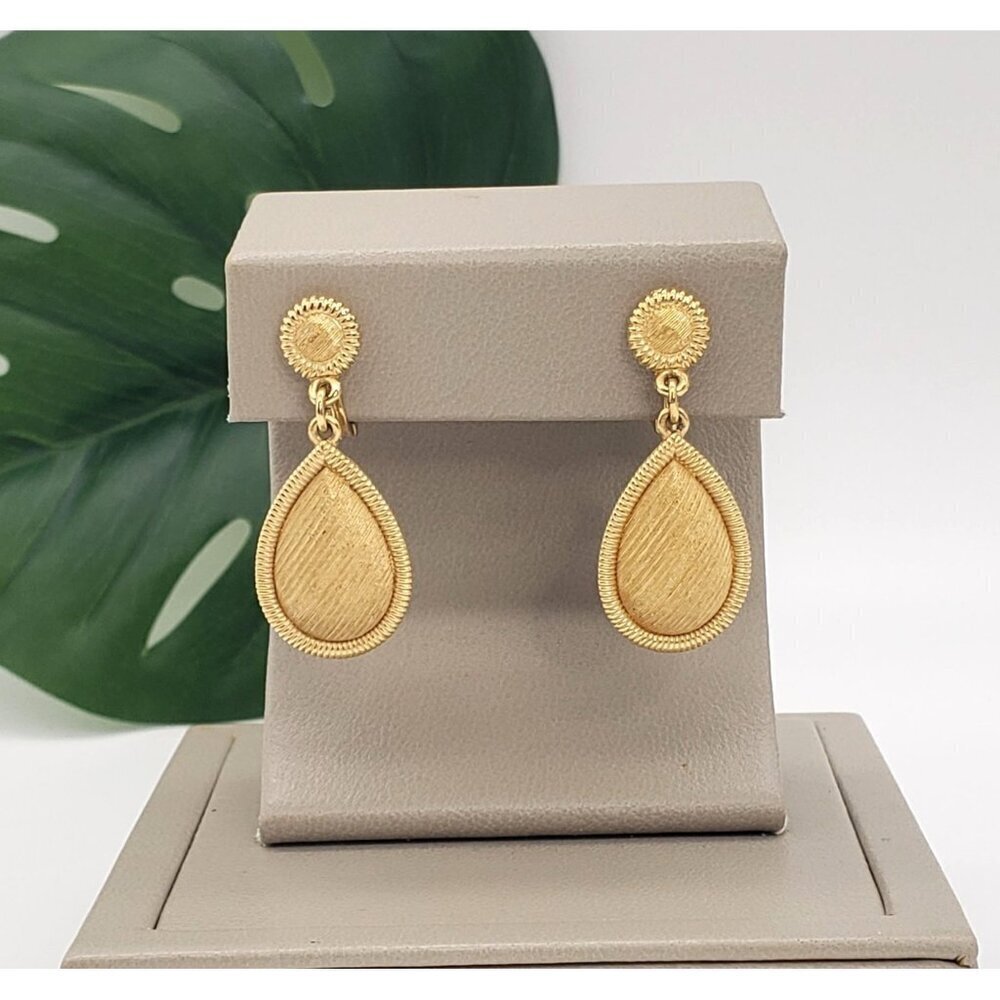Vintage Monet Tear Drop Dangle Brushed Textured Matte Gold Clip-On Earrings